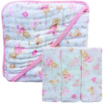 Kit 1 Toalha de Banho Bebê Soft C/Capuz De Fralda 3 camadas + 3 Fraldas de Ombro Estampada Menino Menina