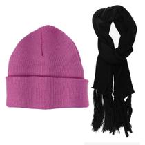 Kit 1 Touca Gorro Na Cor Rosa, 1 Cachecol Lenço Na Cor Preta Kit 1 Touca Gorro Na Cor Rosa, 1 Cachecol Lenço Na Cor Preta