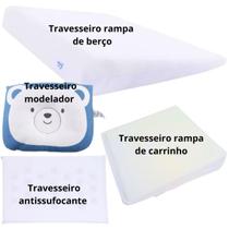 Kit 1 travesseiro anti refluxo berço +1 rampa carrinho + 1 antissufocante + 1 anatômico carrinho berço bebe recém nascido