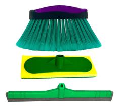 Kit 1 vassoura Champ 1 rodo duplo 1 esponja limpa piso, sem cabo