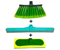 Kit 1 vassoura Floreada 1 rodo duplo 1 esponja limpa piso, sem cabo
