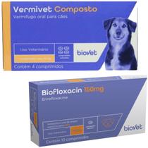 Kit 1 Vermivet Composto 600mg Com 4 Comprimidos e 1 Biofloxacin 150mg Com 10 Comprimidos Para Vermes Para Cães