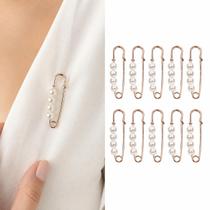 Kit 10 Alfinetes Dourados com Pérolas para Ajustar Roupas, Calças, Blusas e Decotes Femininos