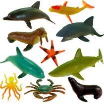 Kit 10 Animais Bichinhos Brinquedo Marinhos Peixinho Tubarão Foca