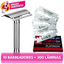 Kit 10 Aparelho Barbeador Metal Clássico Manual Retrô e Lâminas Para Barbeador e ou Navalha