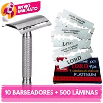 Kit 10 Aparelho Barbeador Metal Clássico Manual Retrô e Lâminas Para Barbeador e ou Navalha