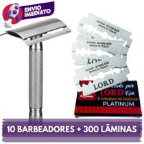 Kit 10 Aparelho Barbeador Metal Clássico Vintage Manual Retrô E Lâmina Lord Barbeador e Navalha