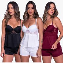 Kit 10 Baby Doll Canelado Com Bojo em Renda e Alças Finas Kit 10 Baby Doll Canelado Com Bojo em Renda e Alças Finas