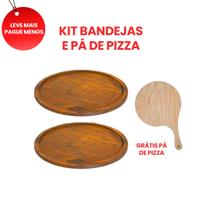 KIT 10 bandejas de 35cm de Madeira Rustica e Pá de Pizza 38cm com cabo curto Natural
