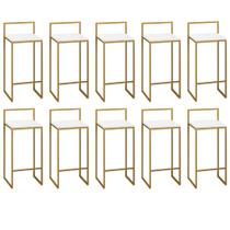 Kit 10 Banquetas Alta Com Encosto Lino Industrial Balcão Bistrô Ferro Dourado MDF Madeira Branco - Ahazzo Móveis