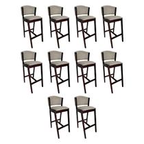 Kit 10 Banquetas Alta de Madeira Maciça Castanho Premium Ana com Encosto Linho Bege Kit 10 Banquetas Alta de Madeira Maciça Castanho Premium Ana com Encosto Linho Bege