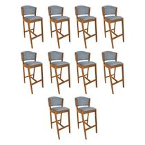 Kit 10 Banquetas Alta de Madeira Maciça Cerejeira Premium Ana com Encosto Linho Cinza Kit 10 Banquetas Alta de Madeira Maciça Cerejeira Premium Ana com Encosto Linho Cinza