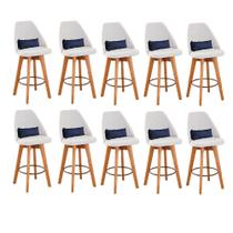 Kit 10 Banquetas Alta Maya Giratória Com Encosto Linho Bege Claro e Almofada material sintético Azul Marinho - Gat Magazine Kit 10 Banquetas Alta Maya Giratória Com Encosto Linho Bege Claro e Almofada material sintético Azul Marinho - Gat Magazine
