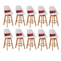 Kit 10 Banquetas Alta Maya Giratória Com Encosto Linho Bege Claro e Almofada Suede Vermelho - Gat Magazine Kit 10 Banquetas Alta Maya Giratória Com Encosto Linho Bege Claro e Almofada Suede Vermelho - Gat Magazine