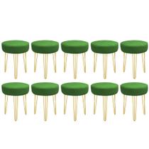 Kit 10 Banquetas Puff Jullia Luxo 55cm Industrial Ferro Dourado Sintético Verde - Ahazzo Móveis