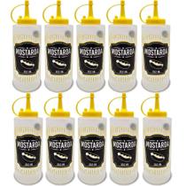 Kit 10 Bisnaga Pote Potinho Decorado Plástico Com Escrita Mostarda 350ml