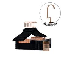 Kit 10 Cabides Madeira Preto Adulto com Presilhas Rose e Gancho Luxo Rosê