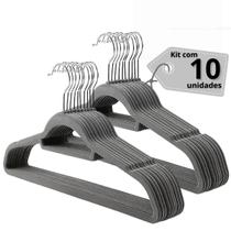 Kit 10 Cabides Veludo Slim Antideslizante Ultra Fino Com Porta Gravatas - Cinza