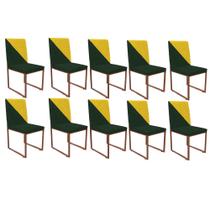 Kit 10 Cadeira Office Stan Duo Sala de Jantar Industrial Ferro Bronze Suede Verde e Amarelo - Ahz Móveis