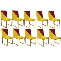 Kit 10 Cadeira Office Stan Duo Sala de Jantar Industrial Ferro Dourado Sintético Amarelo e Vermelho - Ahz Móveis