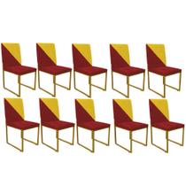 Kit 10 Cadeira Office Stan Duo Sala de Jantar Industrial Ferro Dourado Suede Vermelho e Amarelo - Ahz Móveis