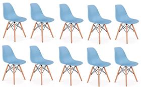 Kit 10 Cadeiras Charles Eames Eiffel Azul Base Madeira Sala Cozinha Jantar