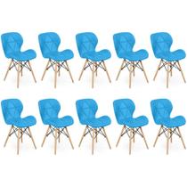 Kit 10 Cadeiras de Jantar Charles Eames Slim Wood Estofada - Azul