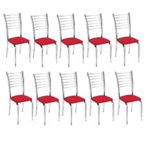 Kit 10 Cadeiras de Jantar Lara cromada para cozinha Assento sintético vermelho - Aurora Line