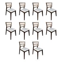 Kit 10 Cadeiras de Jantar Manuela em Tela Assento Facto Branco Base em Madeira Maciça - Castanho