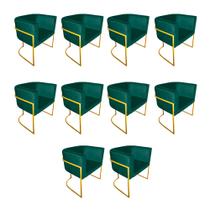 Kit 10 Cadeiras de Jantar Premium Base de Ferro Dourada Veludo Verde