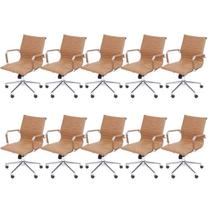 Kit 10 Cadeiras Escritório Diretor Esteirinha Rodízio Relax material sintético 3301 Marrom/Castanho Retrô