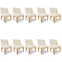 Kit 10 Cadeiras Estofadas para Sala de Jantar Base Fixa de Madeira Castanho Lia Linho Bege - Ibiza