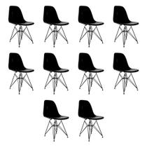 Kit 10 Cadeiras Jantar Assento Preto Eiffel Eames Base Ferro Preto