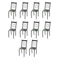 Kit 10 Cadeiras Laura Estofado Floral Costela de Adão para Sala de Jantar Aço Preto