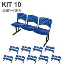 Kit 10 Cadeiras longarinas PLÁSTICAS 03 Lugares - COR AZUL - REALPLAST - 23017