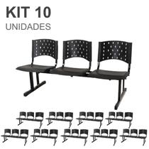 Kit 10 Cadeiras longarinas PLÁSTICAS 03 Lugares - Cor PRETO - REALPLAST - 23008