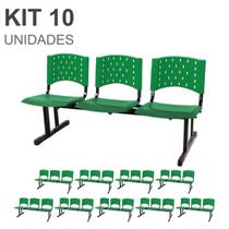 Kit 10 Cadeiras longarinas PLÁSTICAS 03 Lugares - Cor VERDE - REALPLAST - 23080