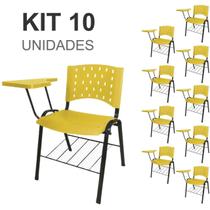 Kit 10 Cadeiras Plásticas Universitárias PRANCHETA PLÁSTICA com Porta Livros - Cor Amarelo - REALPLAST - 32037