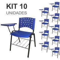 Kit 10 Cadeiras Plásticas Universitárias PRANCHETA PLÁSTICA com Porta Livros - Cor Azul - REALPLAST - 32034