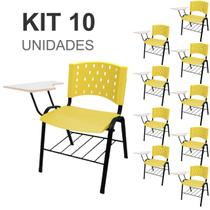 KIT 10 Cadeiras Universitárias com Prancheta e Porta Livros - Cor Amarelo - REAPLAST - 32029