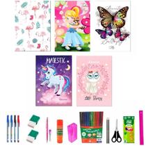 Kit 10 Caderno 96 Folhas Meninas Capa Dura Com 38 Acessórios