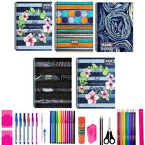 Kit 10 Caderno Jeans 96 Folhas Arame Capa Dura Com 40 Itens Kit 10 Caderno Jeans 96 Folhas Arame Capa Dura Com 40 Itens