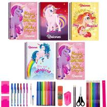 Kit 10 Caderno Unicórnio 96 Folhas Arame Capa Dura+ 40 Itens