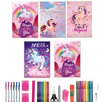 Kit 10 Caderno Unicórnio Com Pauta Tamanho Grande A4 Brochurão Com 40 Materiais