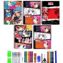Kit 10 Cadernos Anime Tamanho Grande Arame Espiral Capa Dura Com 40 Itens