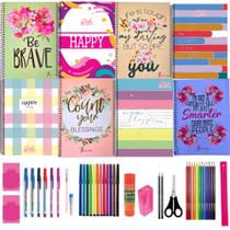 Kit 10 Cadernos Feminino Espiral Capa Dura + 40 Acessórios