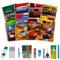 Kit 10 Cadernos Menino Carros Espiral Capa Dura+ Acessórios - máxima cadernos