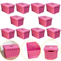 Kit 10 Caixa Cesto Organizador Multiuso Empilhável 17 L Rosa
