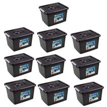 Kit 10 Caixa Organizadora Multiuso Preta C/ Tampa 30L