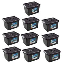 Kit 10 Caixa Organizadora Multiuso Preta Com Tampa 30L